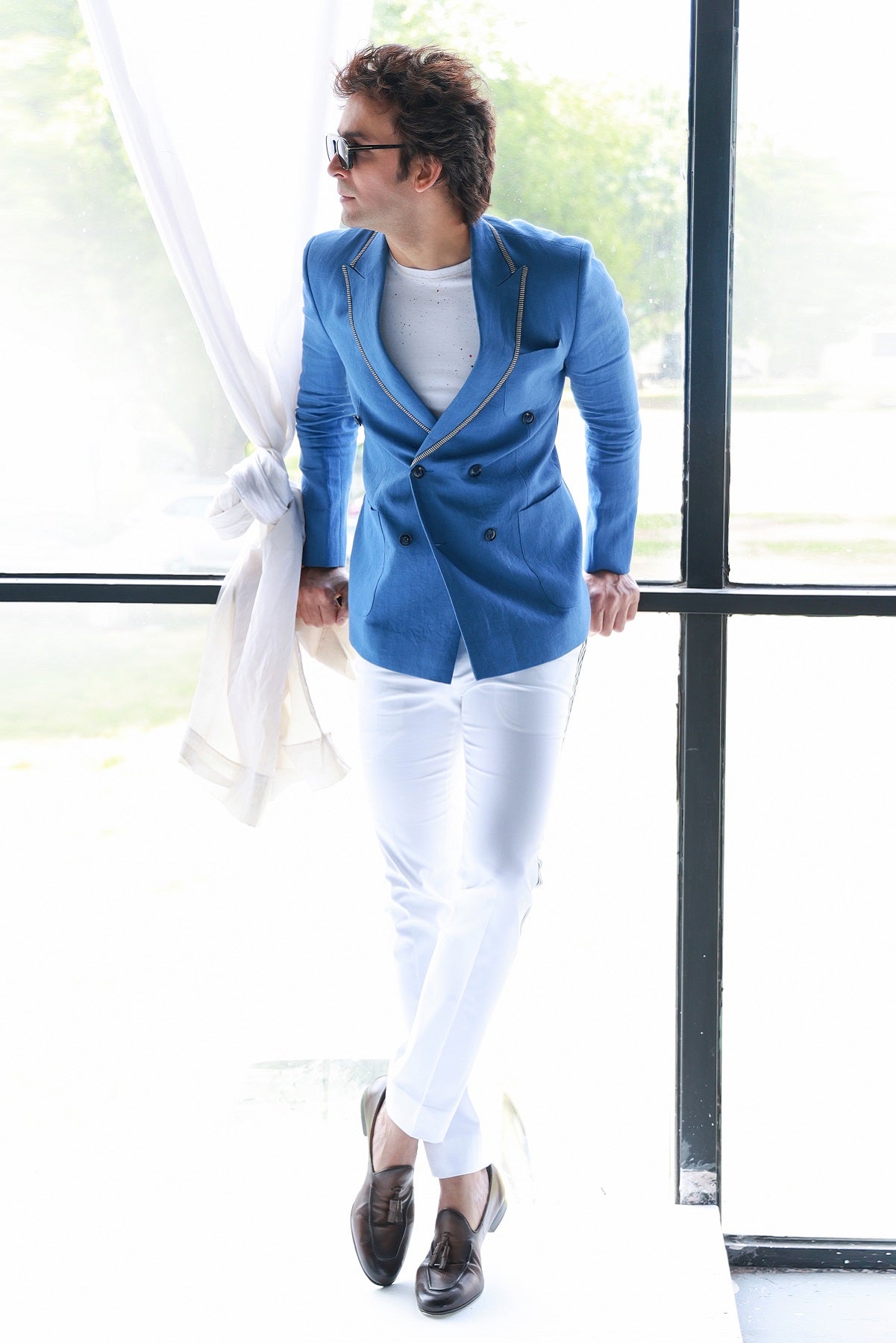 SAPPHIRE BLUE LINEN JACKET WITH PANTS