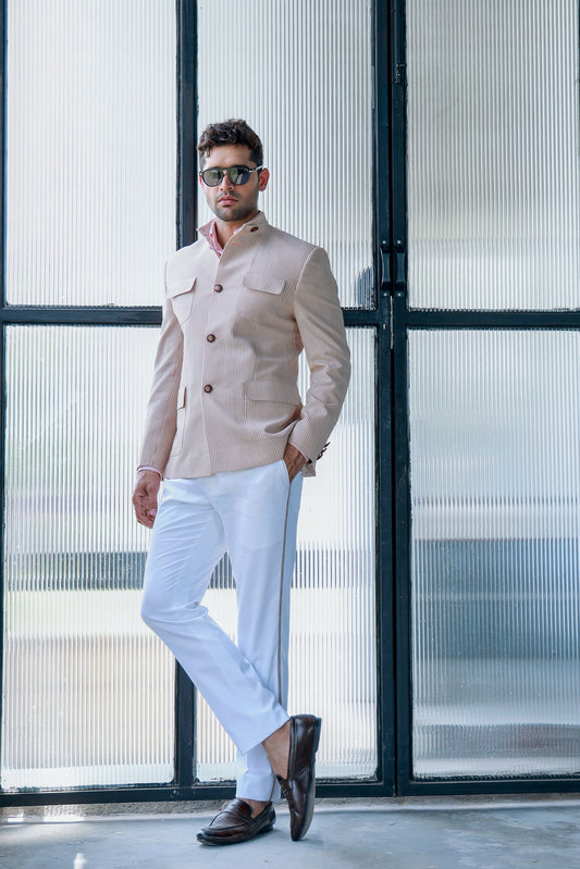 BEIGE SEAR SUCKER PATCH POCKET JACKET WITH PANT