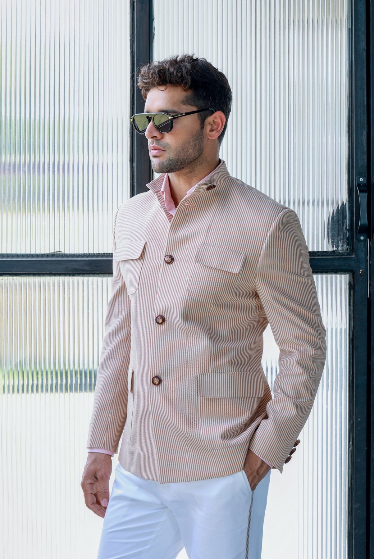 BEIGE SEAR SUCKER PATCH POCKET JACKET WITH PANT