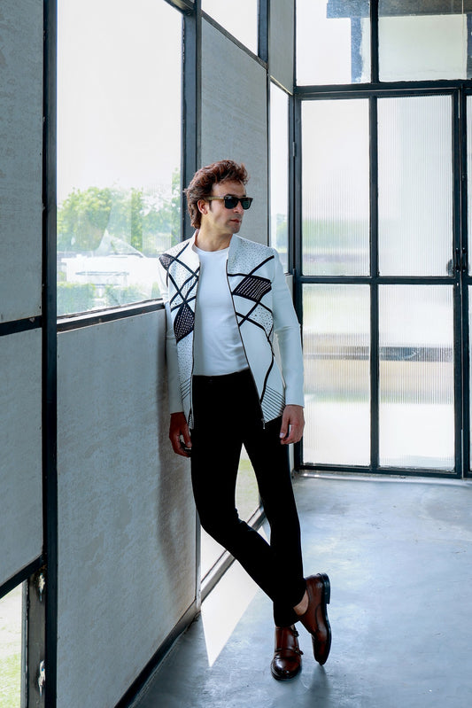 B/W HAND EMB.ZIPPER JACKET WITH PANTS