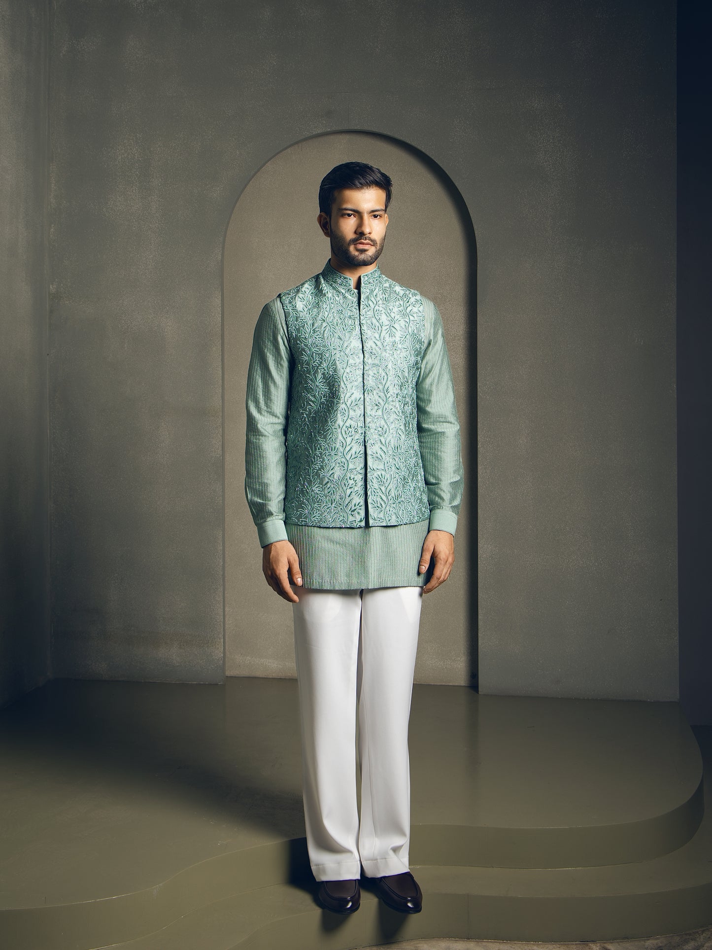 MINT GREEN HAND EMBROIDERY NEHRU JACKET SET