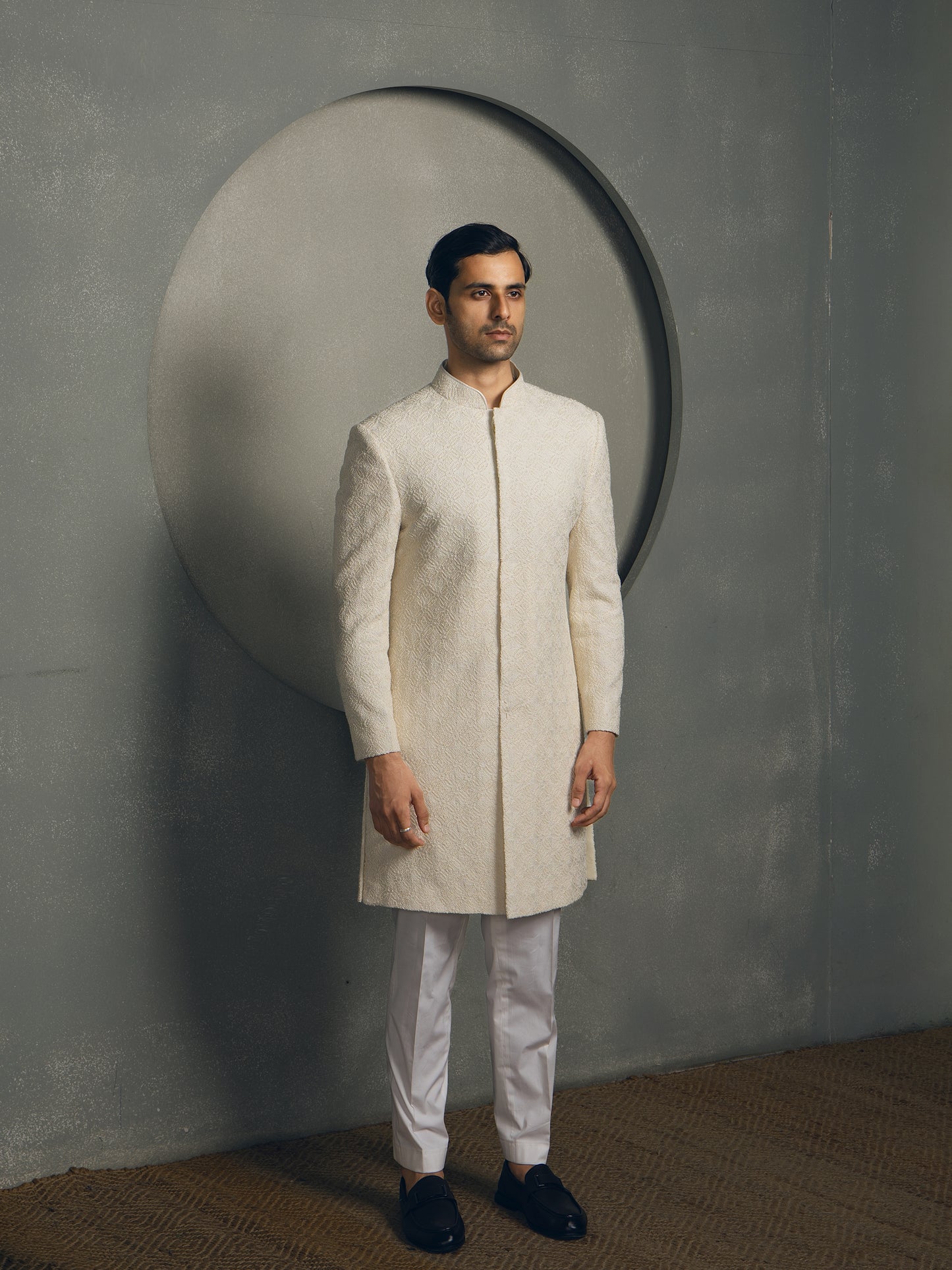 IVORY CHIKAN HAND EMBROIDERY SHERWANI SET