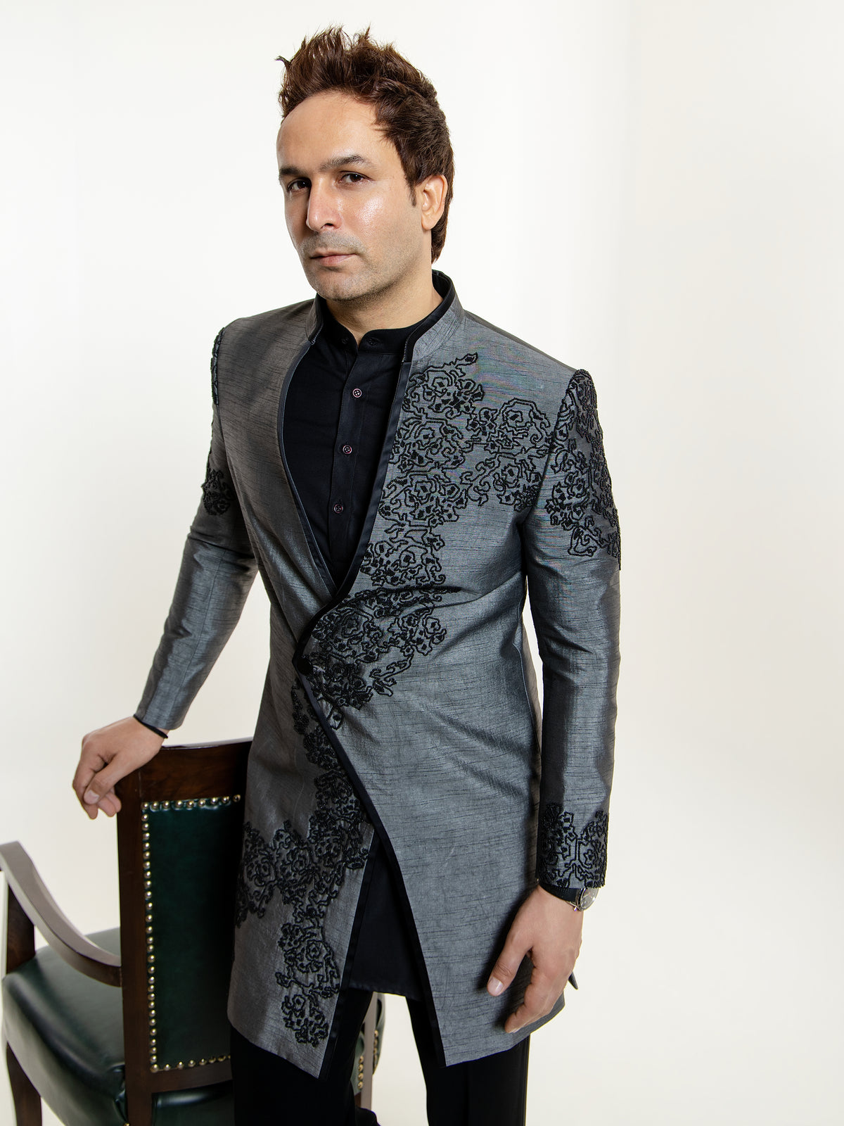 GREY FLORAL BEADWORK INDO WESTERN SET