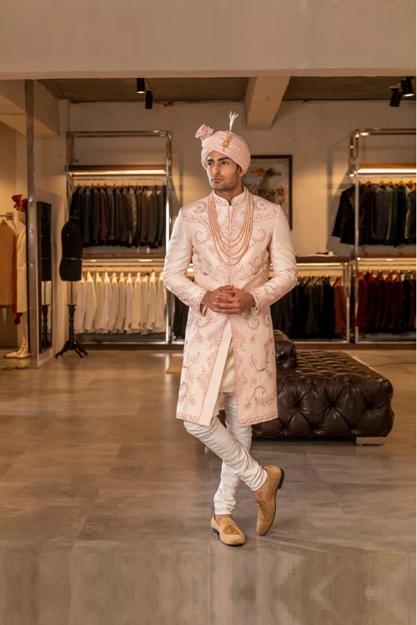 PEACH THREAD HAND EMBROIDERY SHERWANI