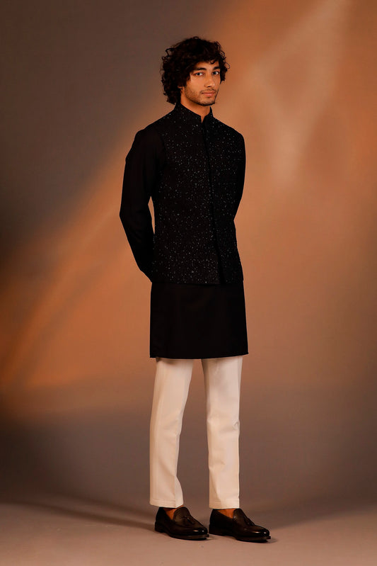 NAVY BLUE HAND EMBROIDERED JACKET KURTA SET