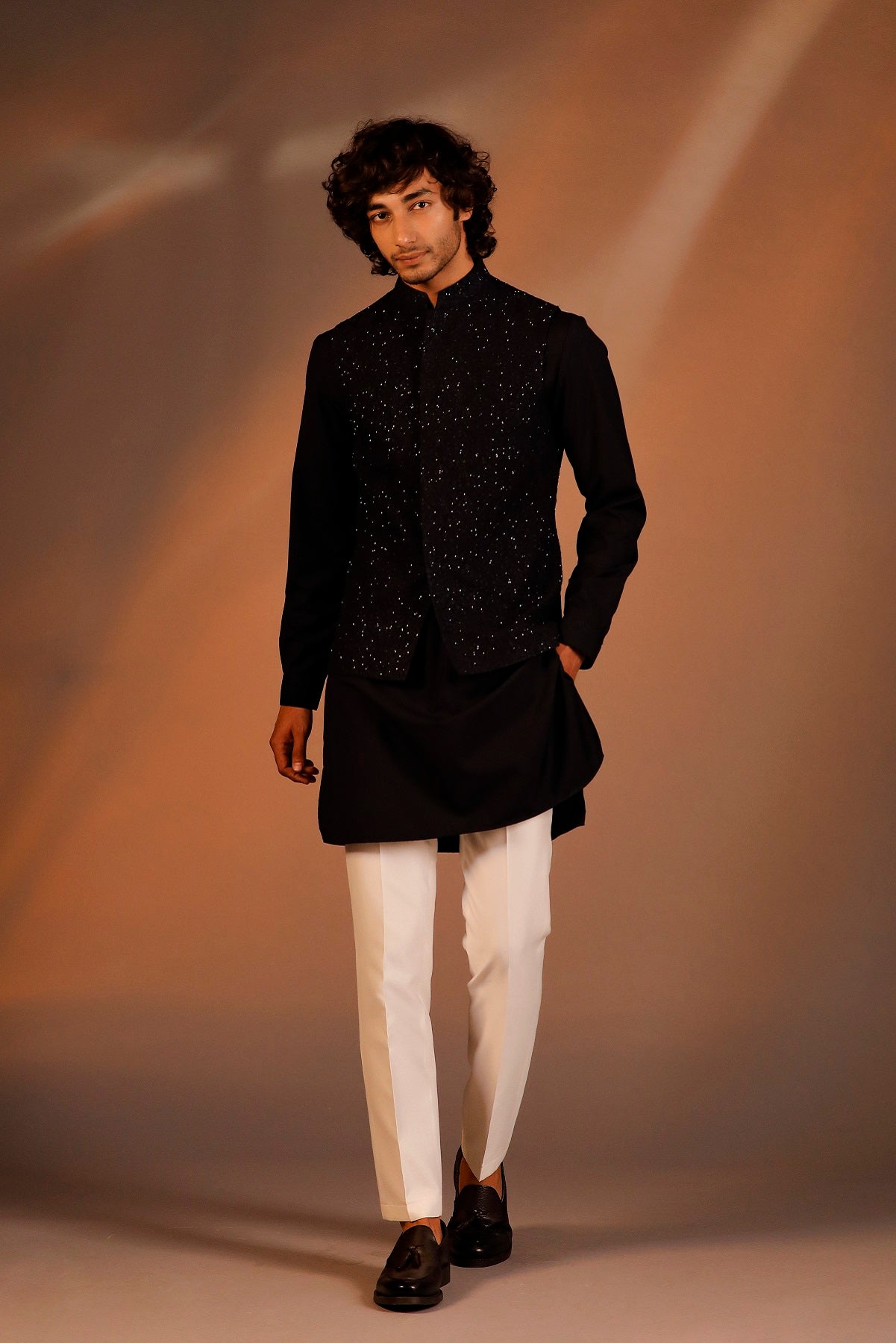 NAVY BLUE HAND EMBROIDERED JACKET KURTA SET