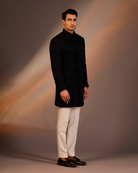 BLUE LONG INDO WESTERN JACKET SET