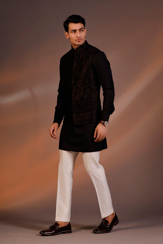BLACK HAND EMBROIDERED NEHRU JACKET SET