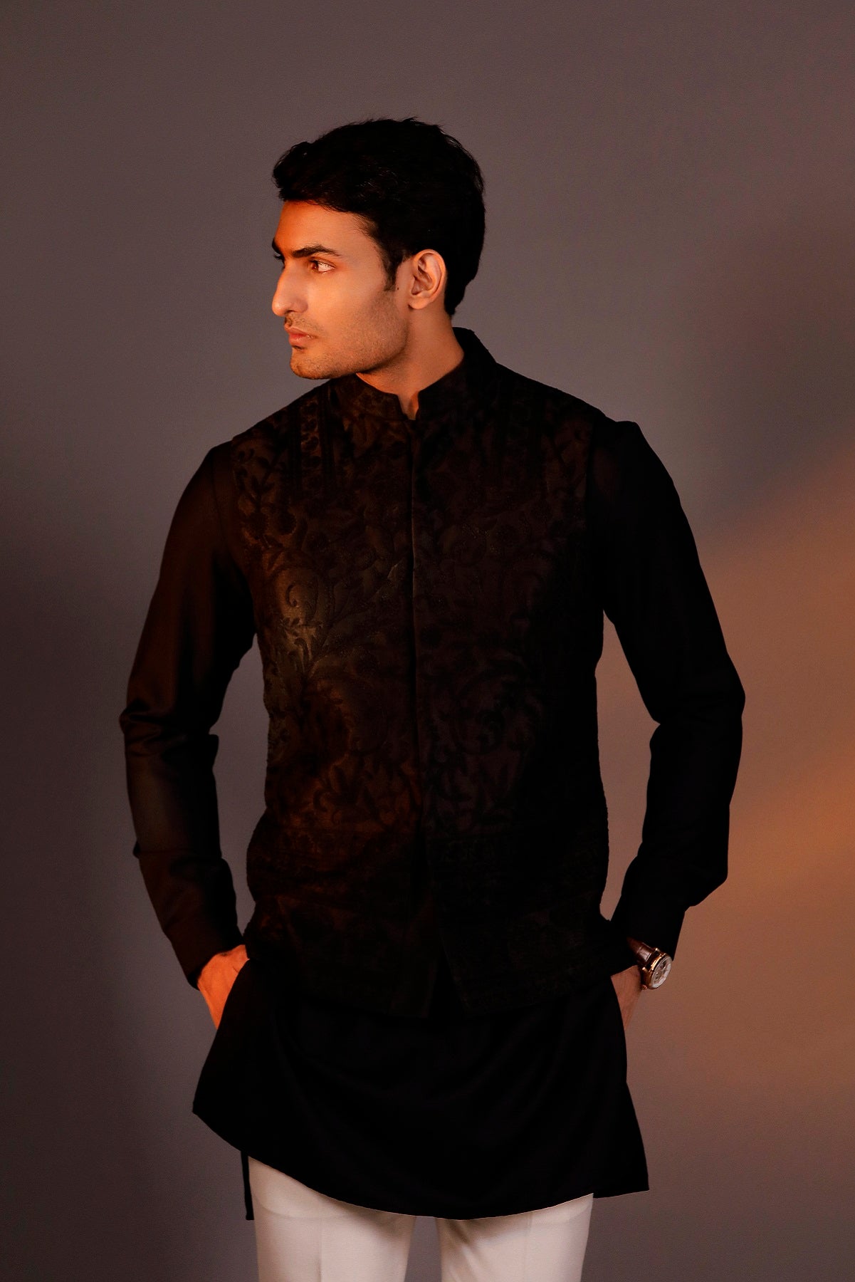 BLACK HAND EMBROIDERED NEHRU JACKET SET