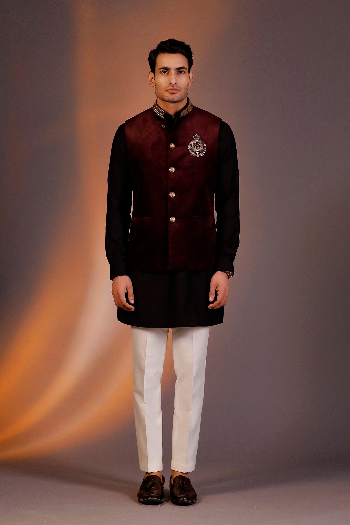 MAROON NEHRU JACKET BLACK KURTA SET