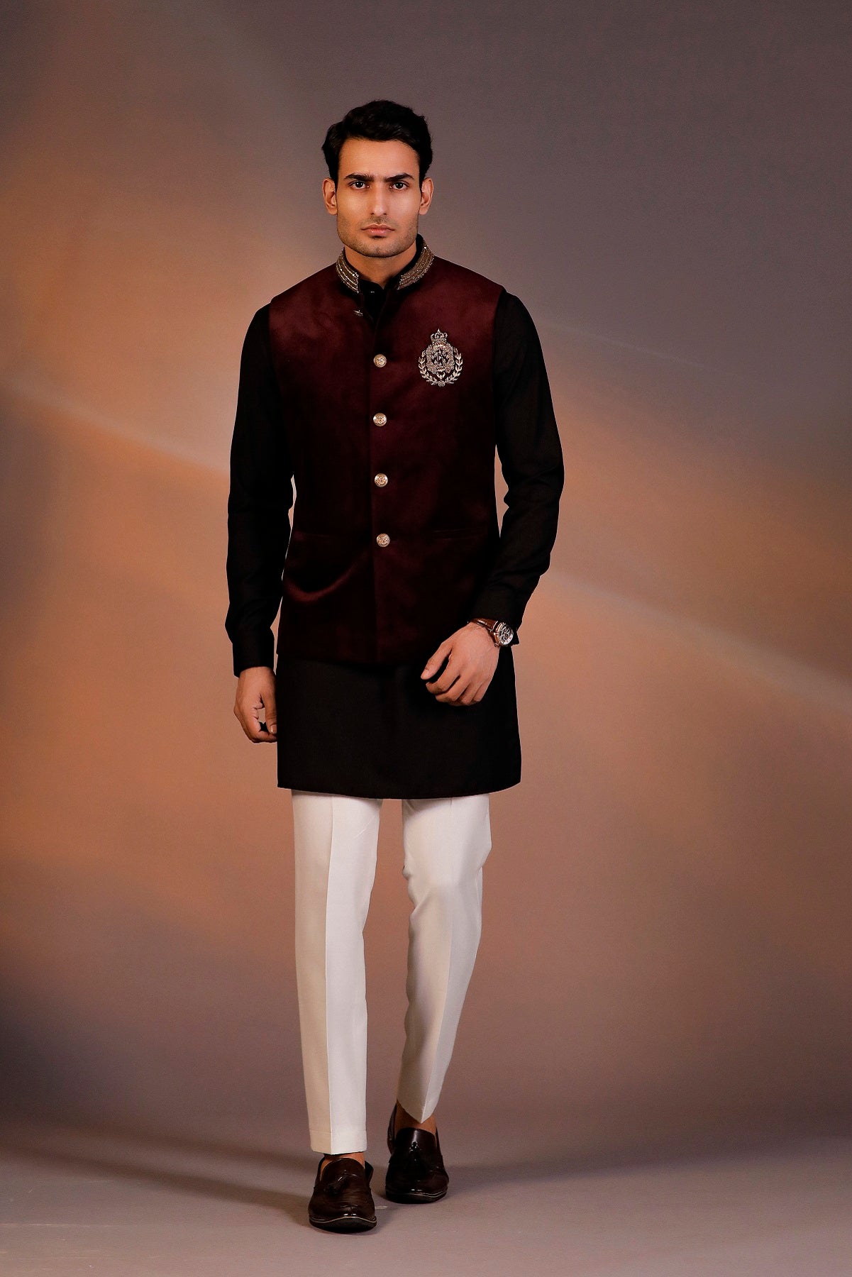 MAROON NEHRU JACKET BLACK KURTA SET