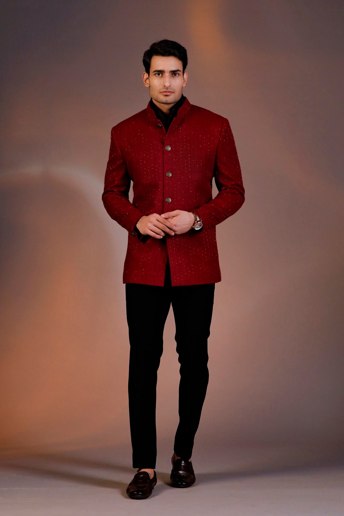 MARHOON BANDHGALA WITH BLACK SHIRT