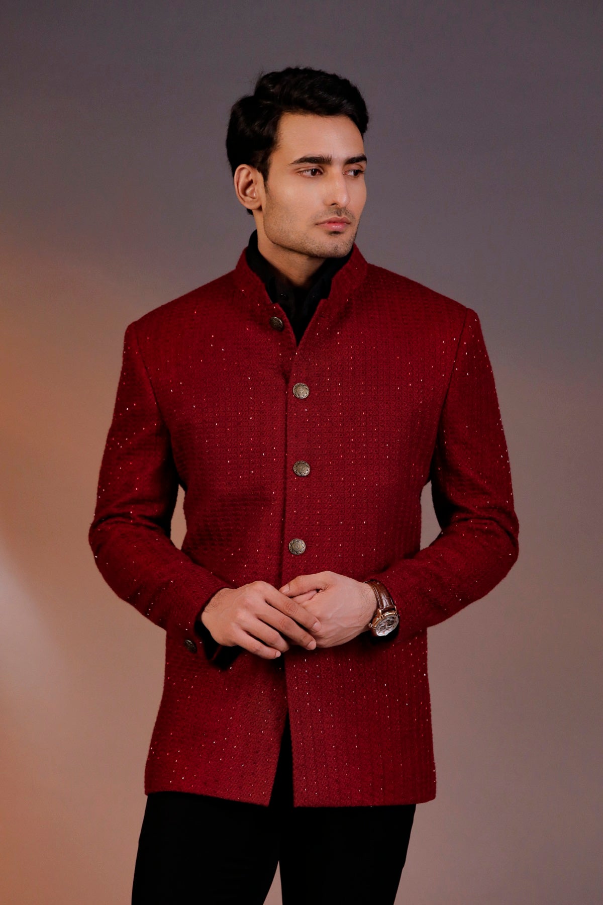 MARHOON BANDHGALA WITH BLACK SHIRT