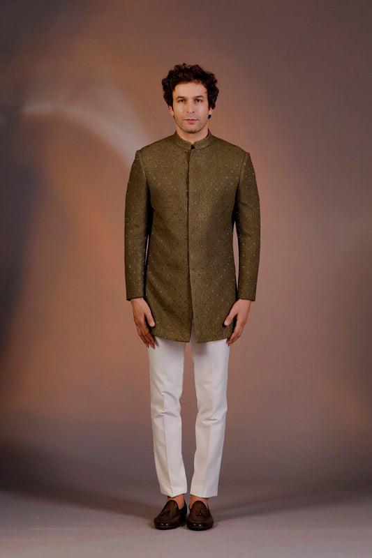 MILITARY GREEN LONG JACKET INDO WESTERN