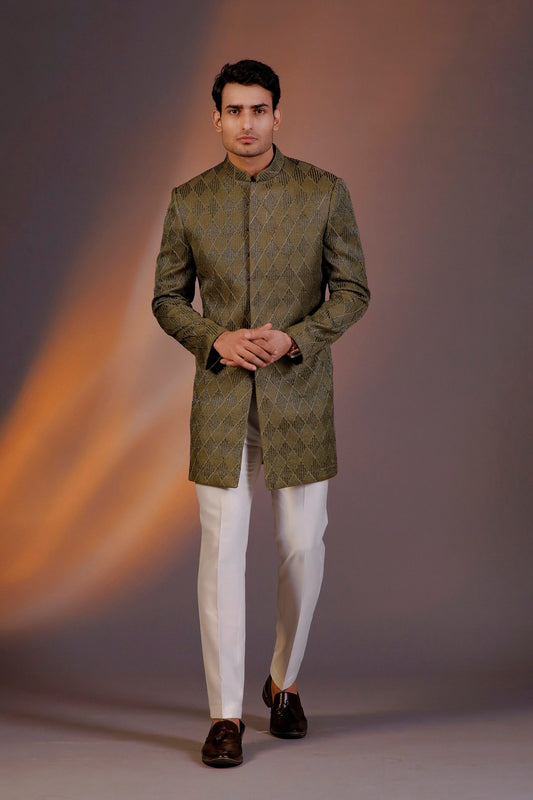 OLIVE GREEN GLASS CUT INDO WESTERN