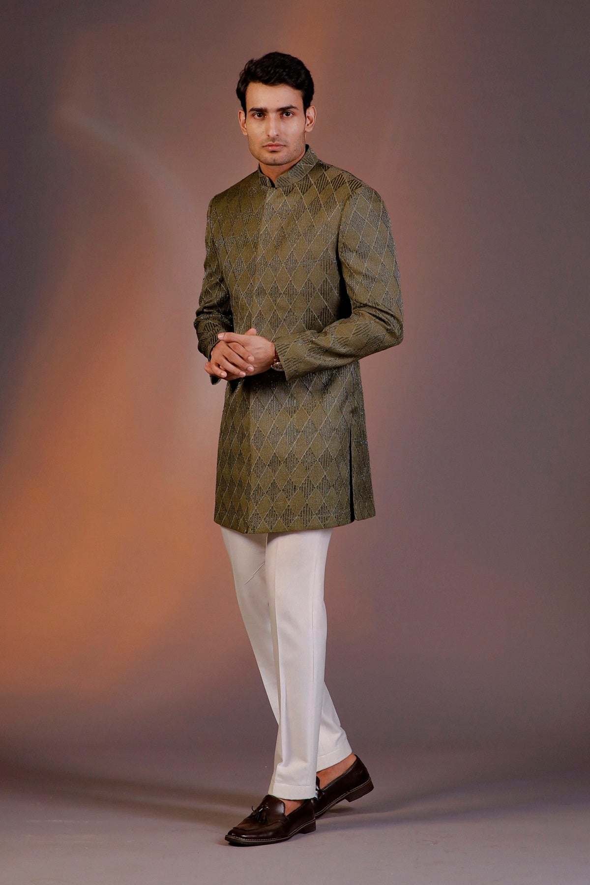 OLIVE GREEN GLASS CUT INDO WESTERN