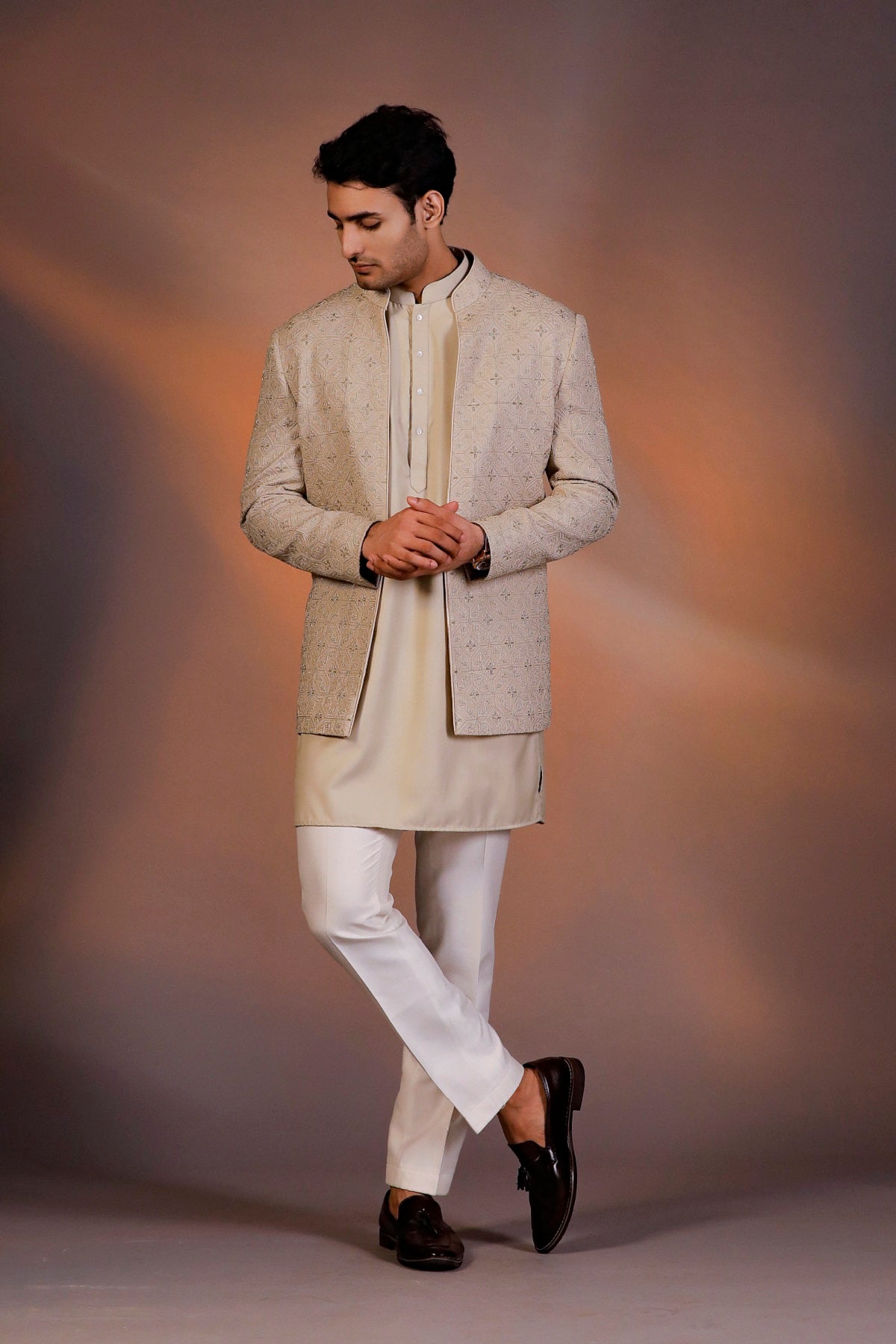 BEIGE OPEN LONG JACKET INDO WESTERN