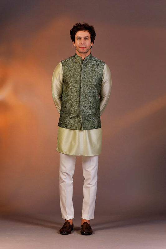 DARK GREEN JACKET LIGHT GREEN KURTA SET