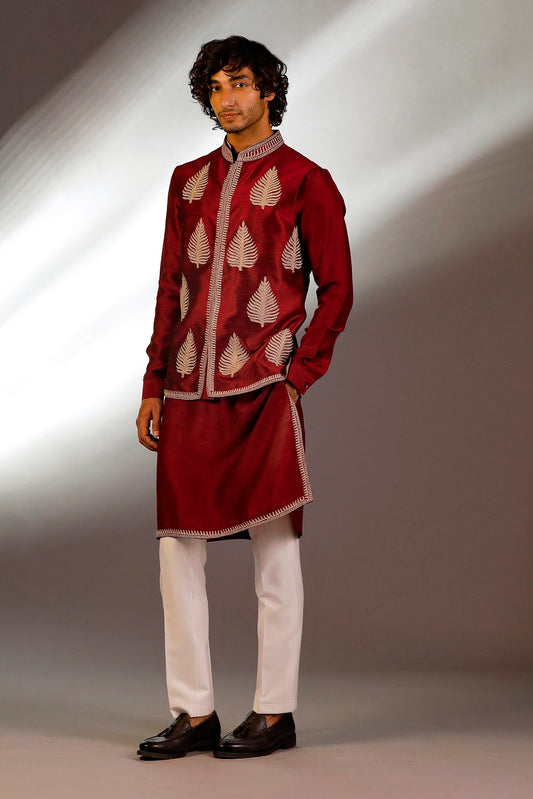 MAROON NEHRU JACKET KURTA SET