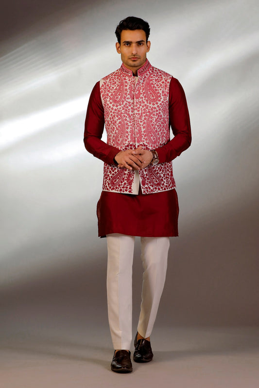 HAND EMBRIOERED NEHRU JACKET MAROON KURTA SET