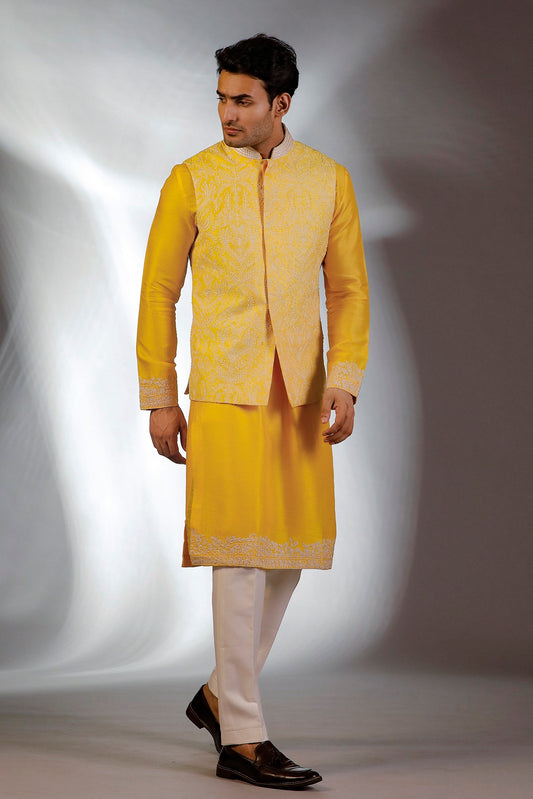 YELLOW HAND EMBROIDERED JACKET KURTA SET
