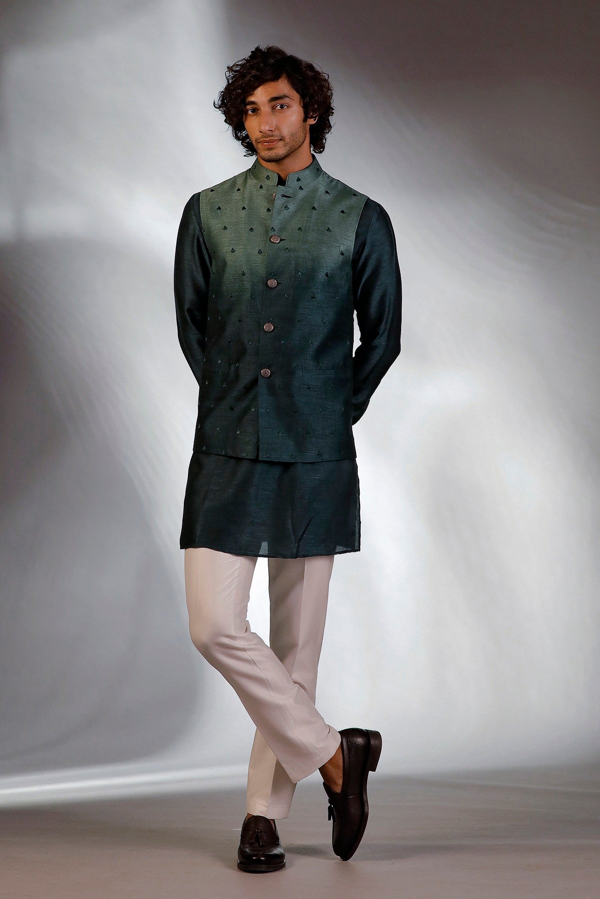 DARK GREEN JACKET GREEN KURTA SET