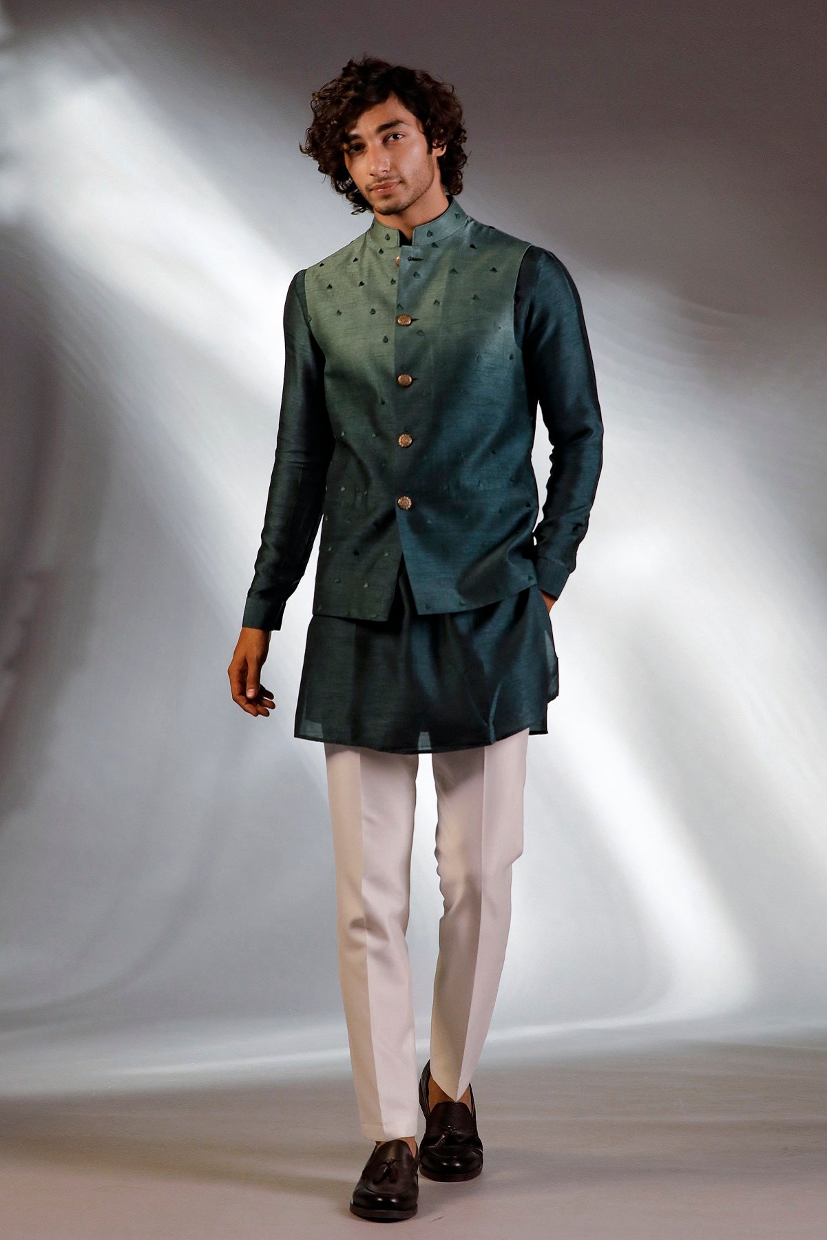 DARK GREEN JACKET GREEN KURTA SET