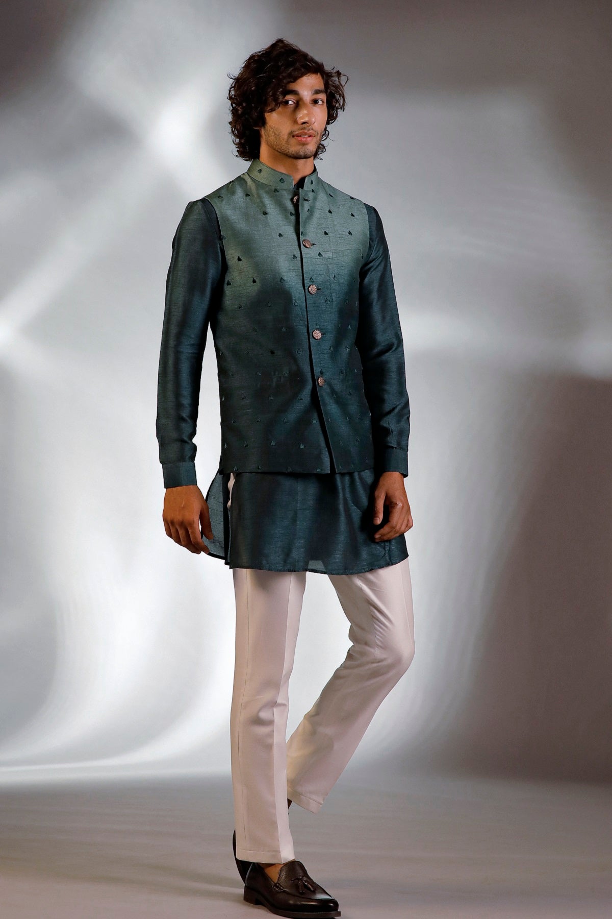 DARK GREEN JACKET GREEN KURTA SET
