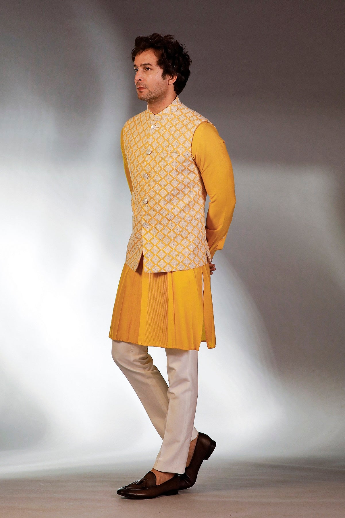 YELLOW HAND EMBROIDERED JACKET KURTA SET