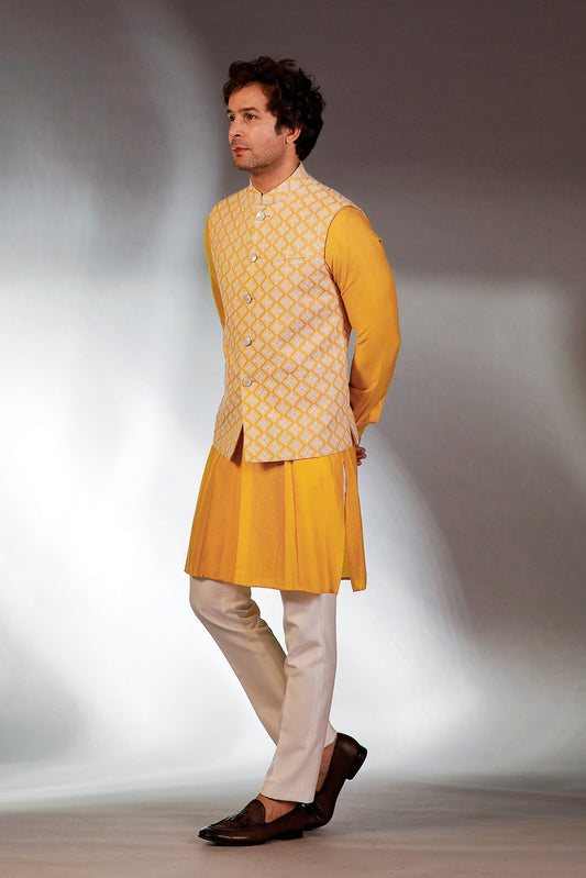 YELLOW HAND EMBROIDERED JACKET KURTA SET