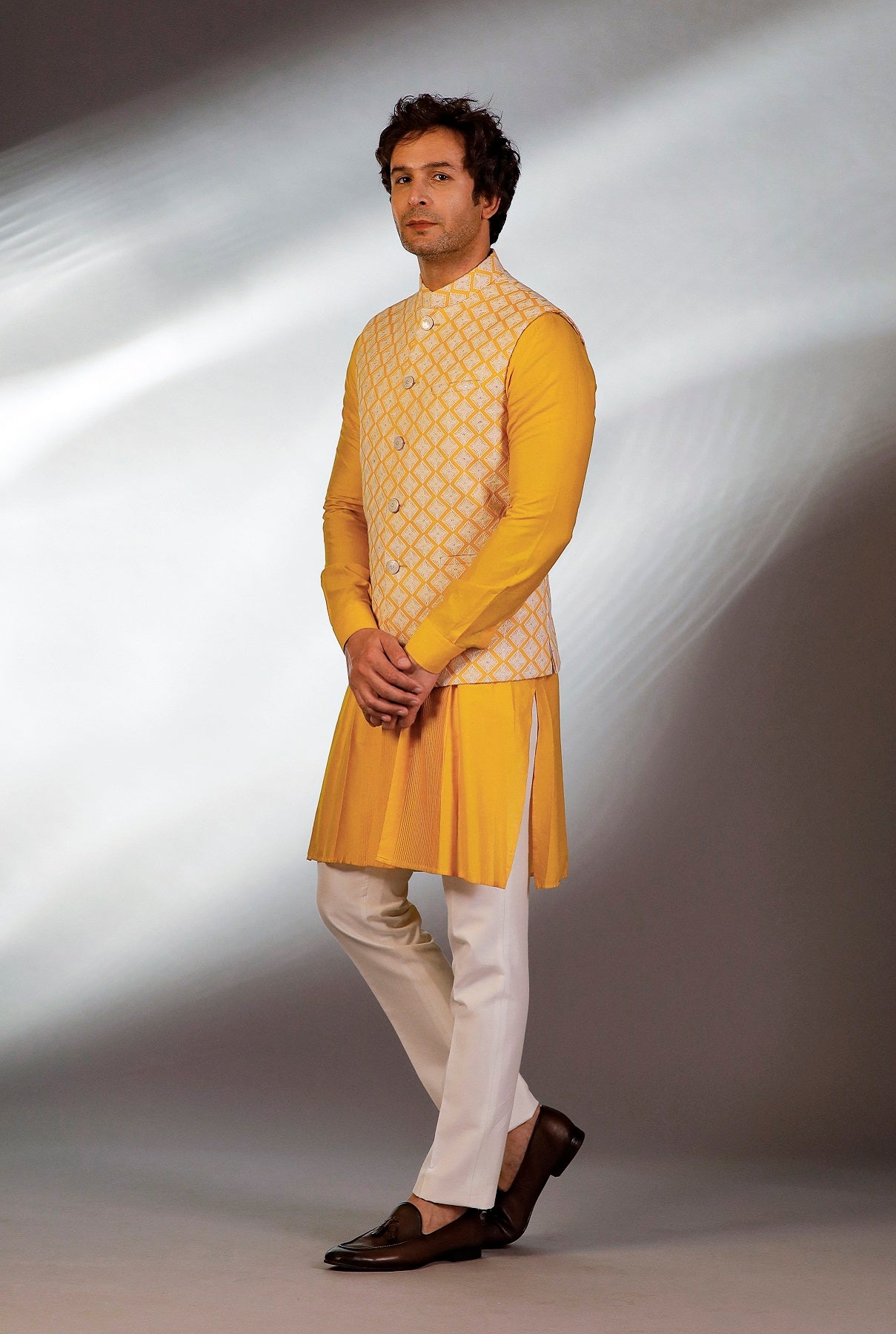 YELLOW HAND EMBROIDERED JACKET KURTA SET