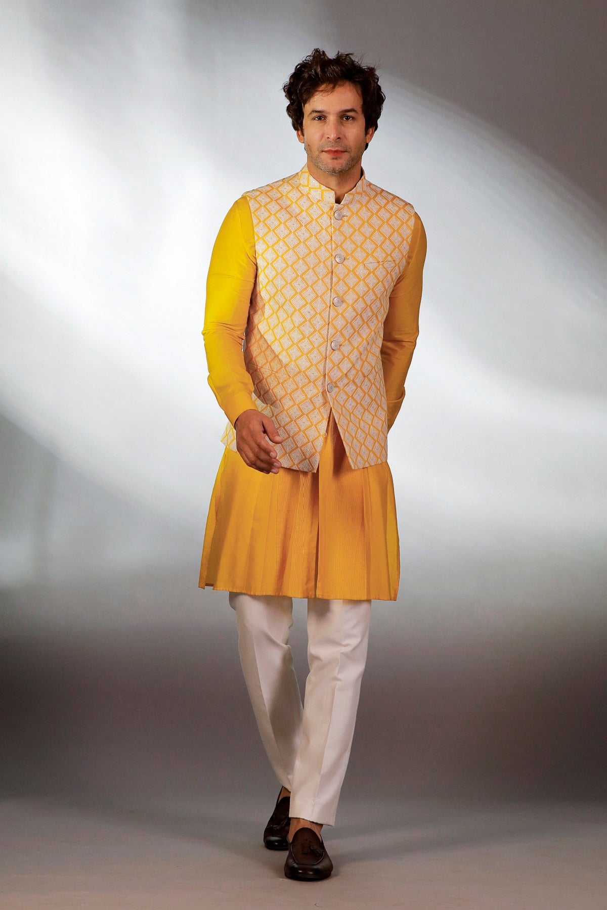 YELLOW HAND EMBROIDERED JACKET KURTA SET