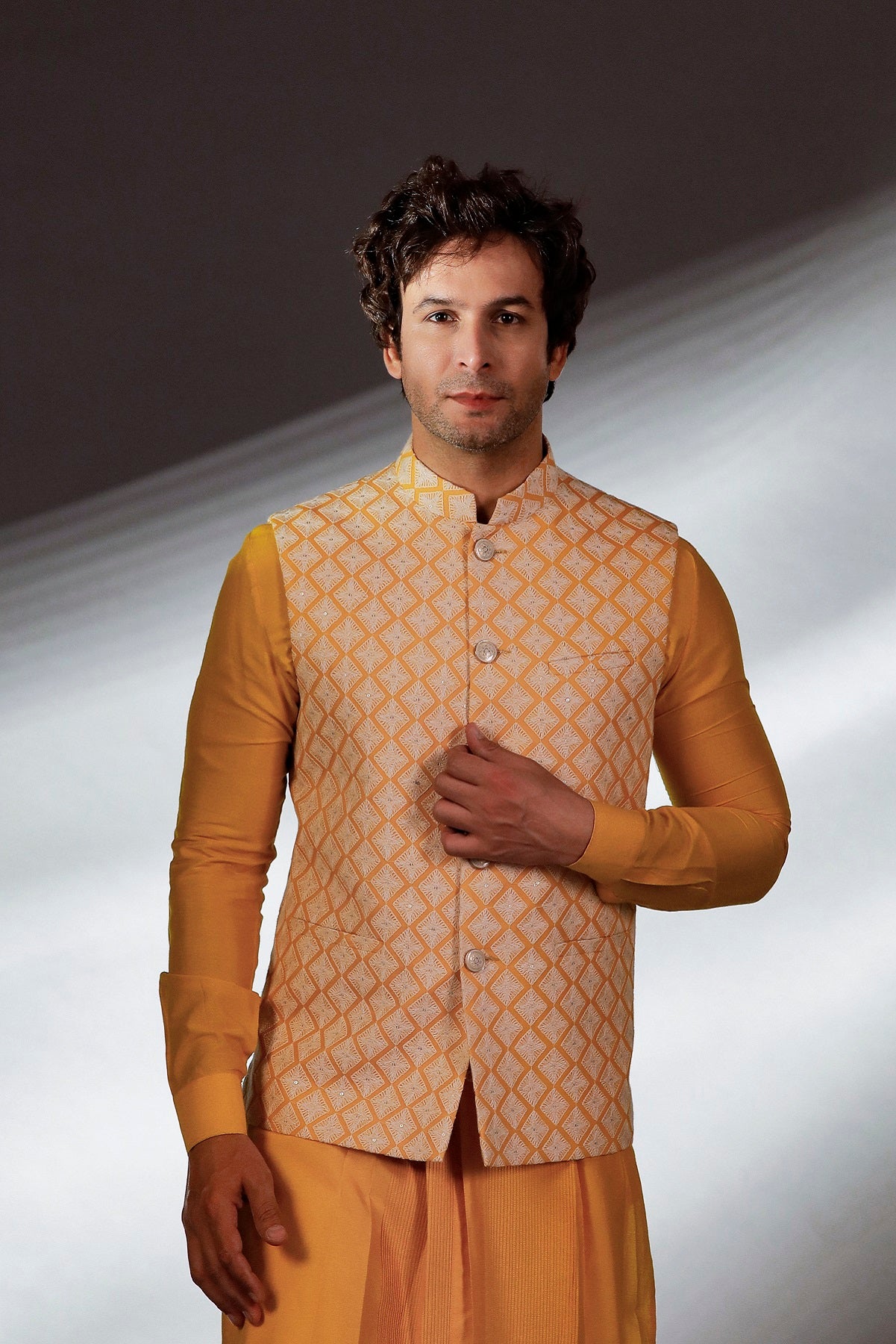 YELLOW HAND EMBROIDERED JACKET KURTA SET