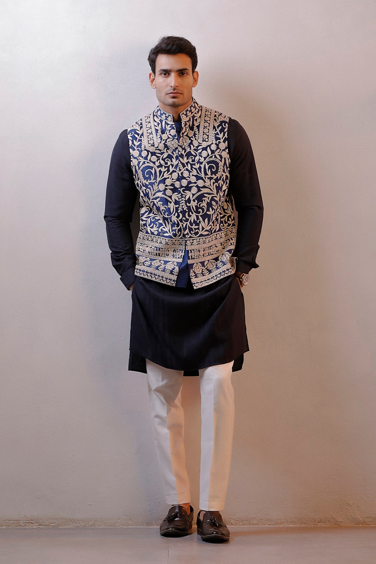NAVY BLUE HAND EMBROIDERED JACKET KURTA SET