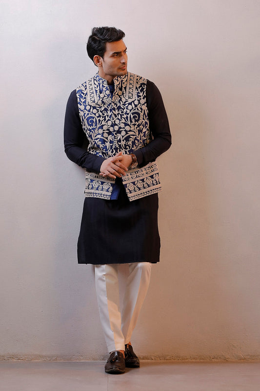NAVY BLUE HAND EMBROIDERED JACKET KURTA SET