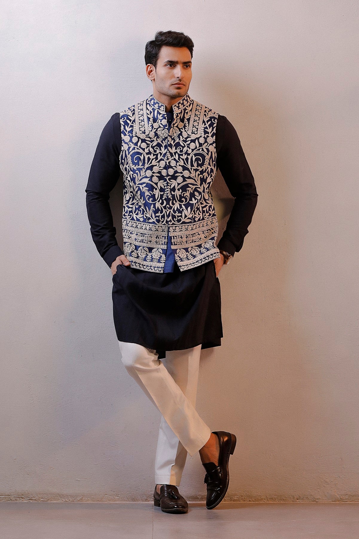 NAVY BLUE HAND EMBROIDERED JACKET KURTA SET