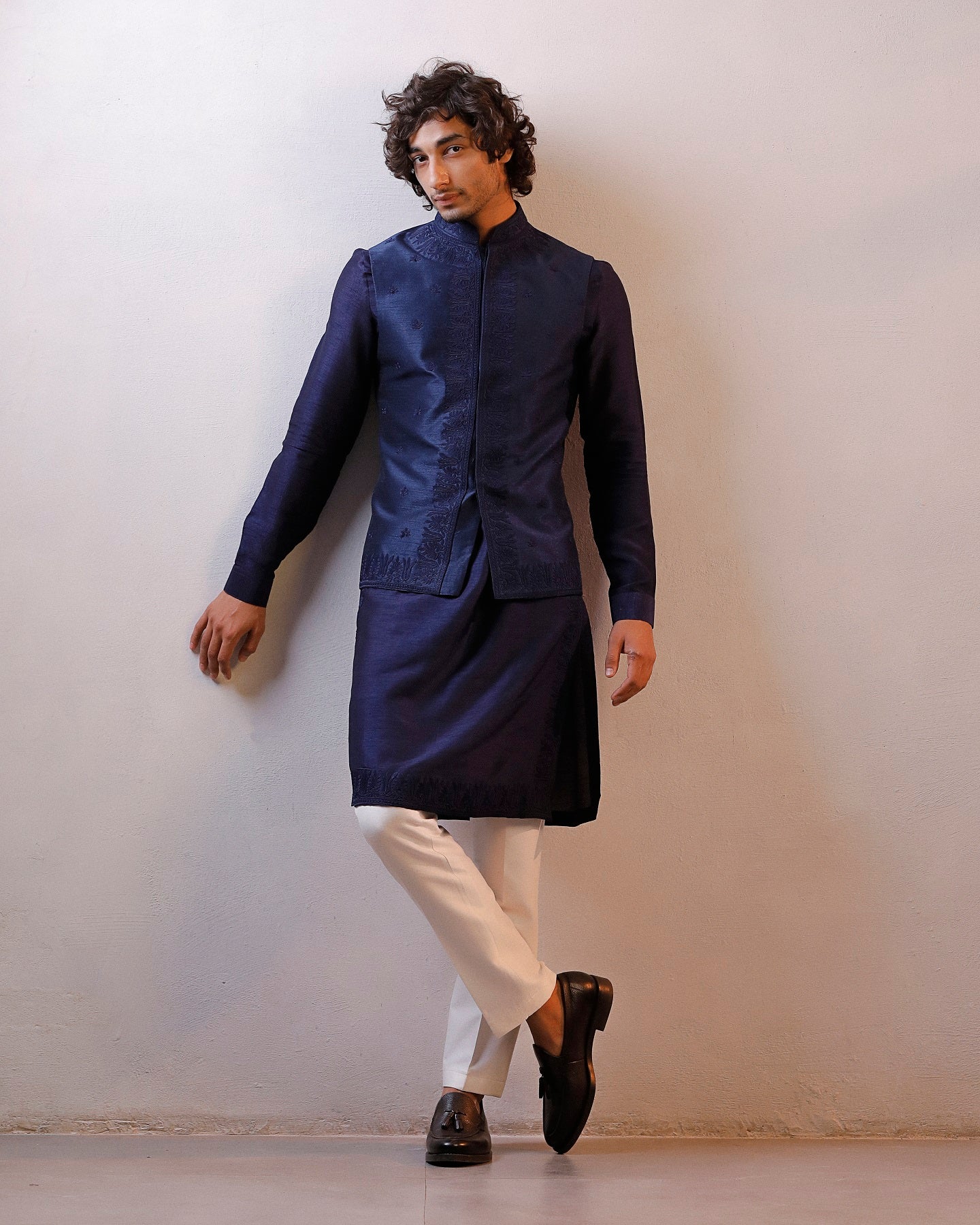 BLUE HAND EMBROIDERED JACKET KURTA SET