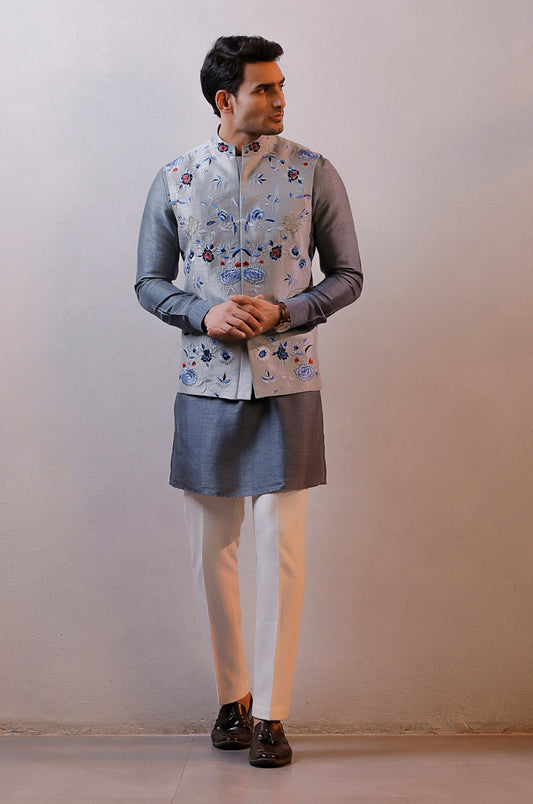 GREY NEHRU JACKET KURTA SET