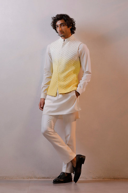 YELLOW OMBRE JACKET IVORY KURTA SET