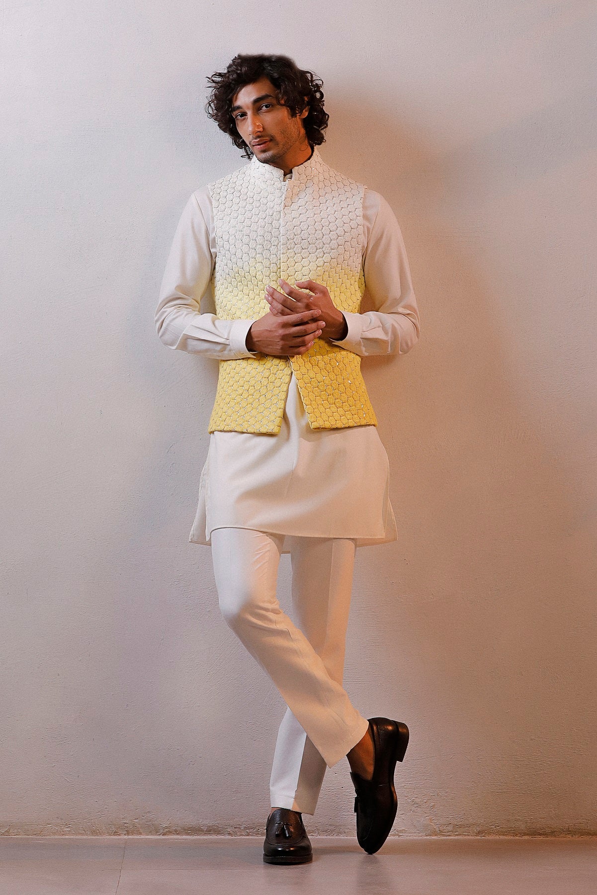 YELLOW OMBRE JACKET IVORY KURTA SET