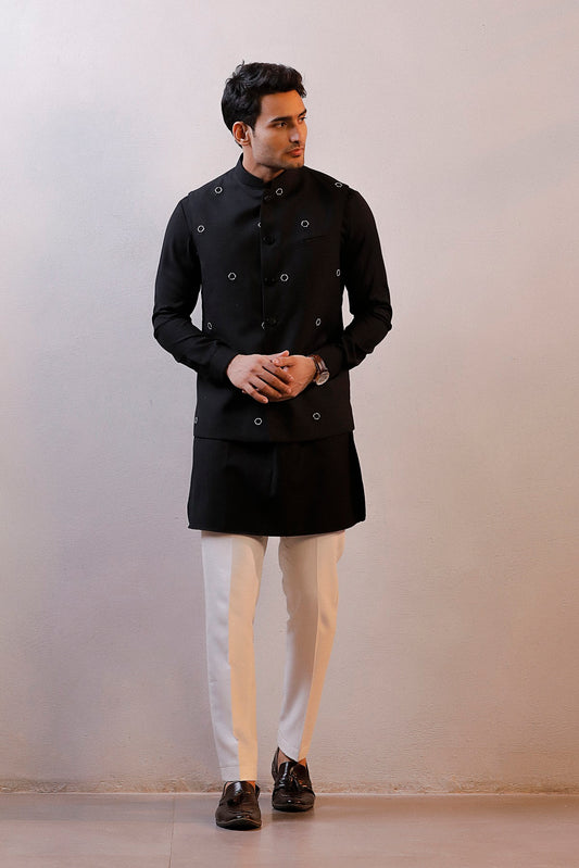 BLACK HAND EMBROIDERED NEHRU JACKET SET