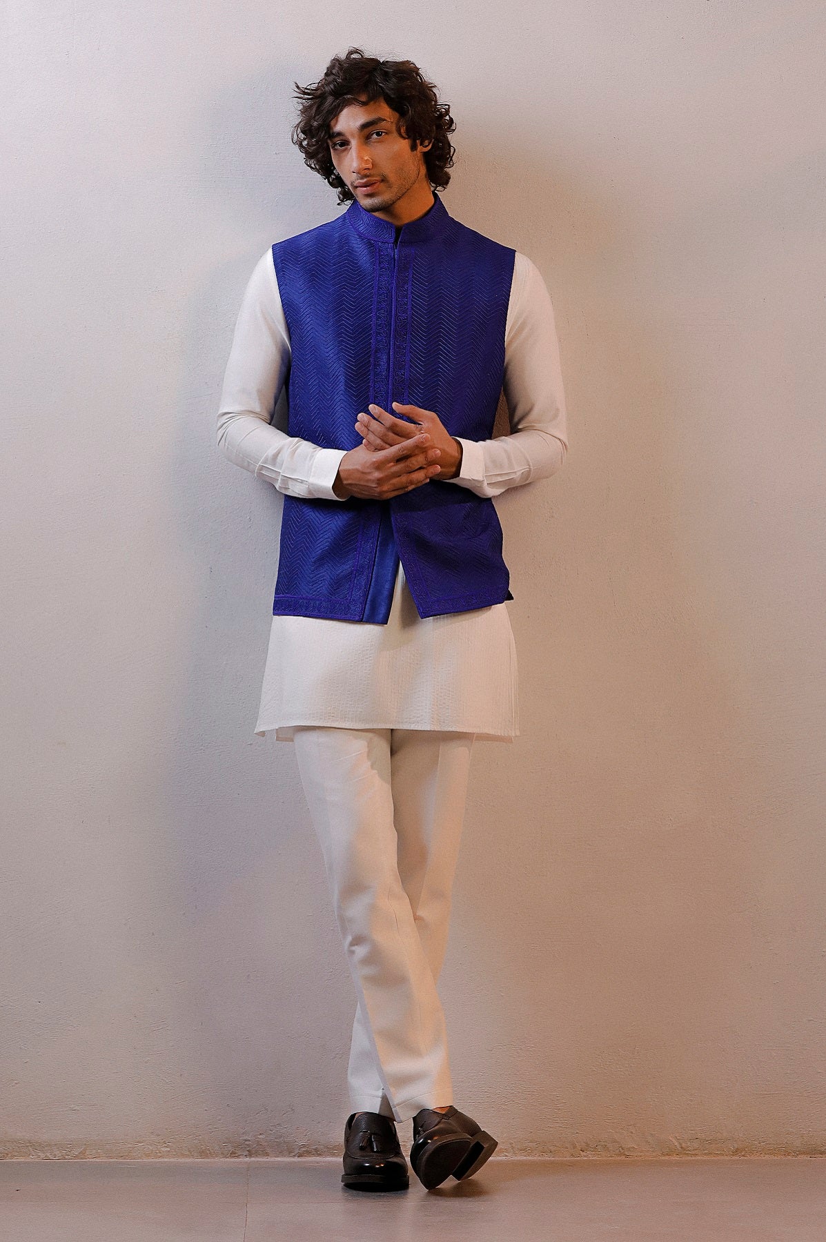 BLUE HAND EMBROIDERED IVORY JACKET KURTA SET