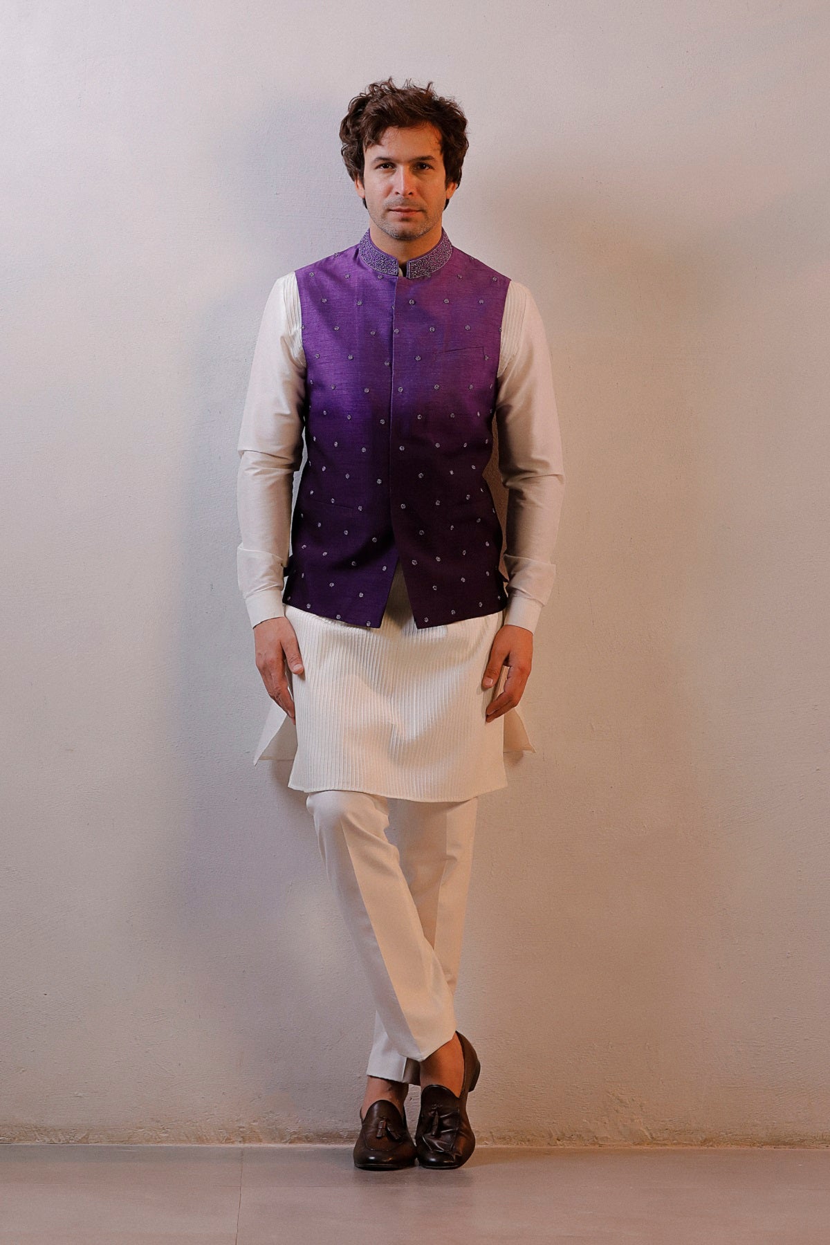 PURPLE OMBRE JACKET IVORY KURTA SET