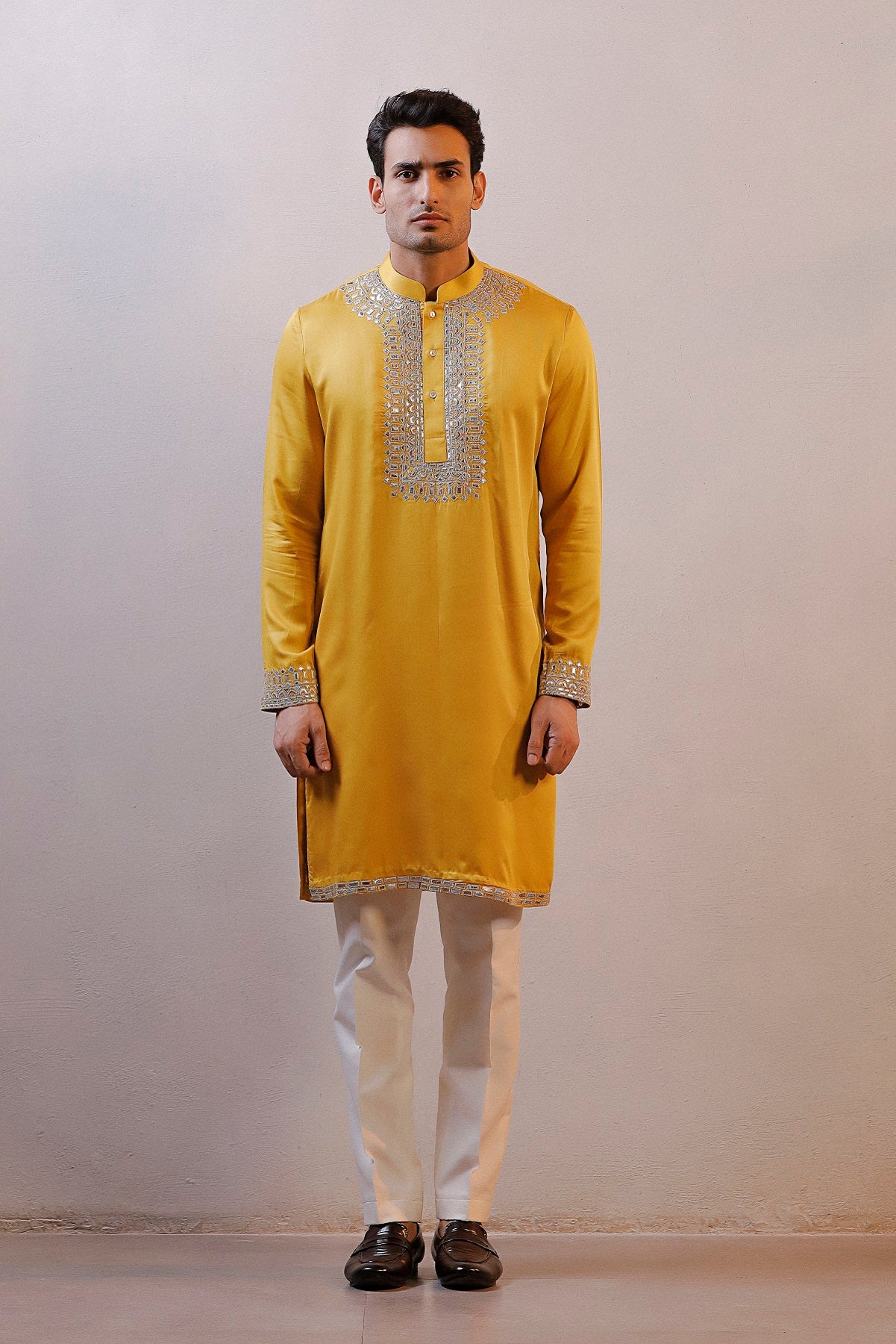 MUSTARD YELLOW LEATHER WORK KURTA SET