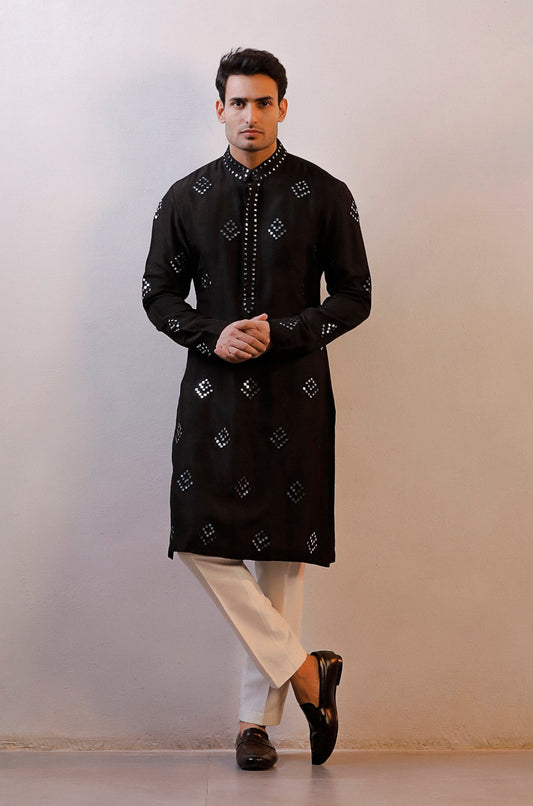 BLACK SATIN MIRROR WORK KURTA SET