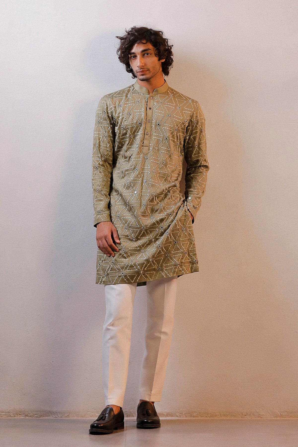 OLIVE GREEN WORK KURTA SET