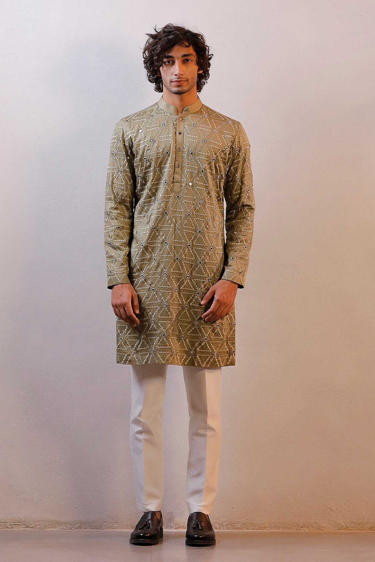 OLIVE GREEN WORK KURTA SET