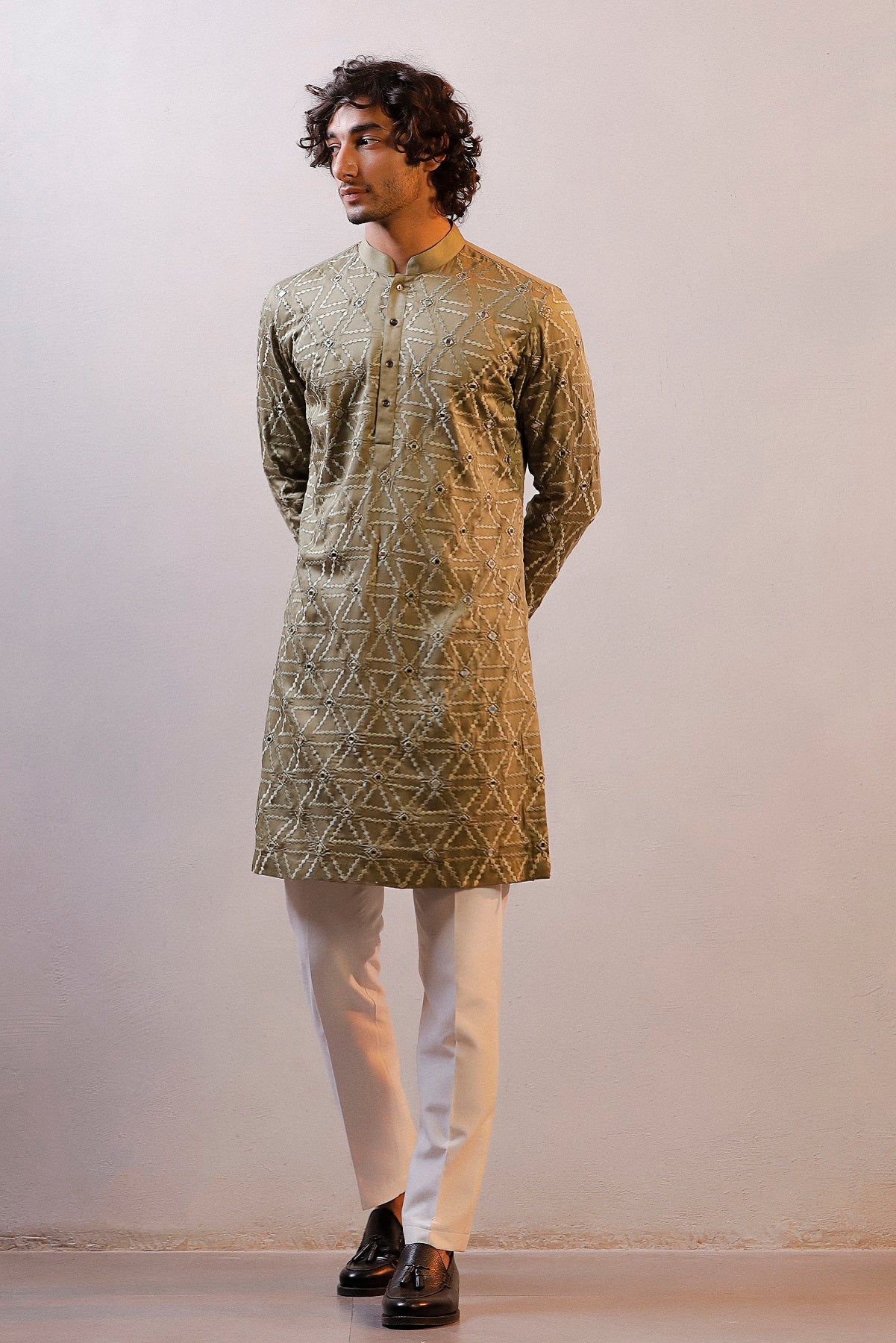 OLIVE GREEN WORK KURTA SET