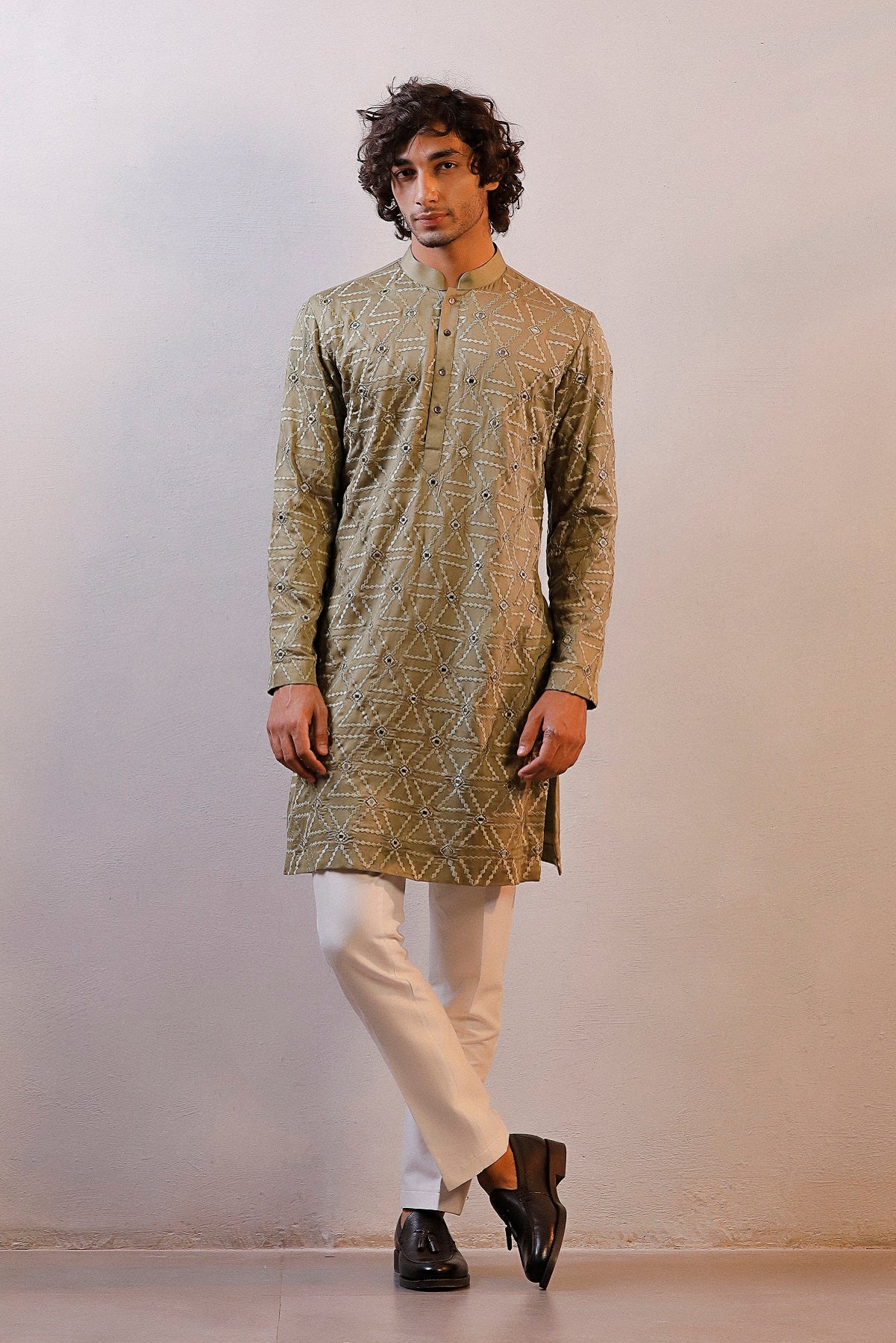 OLIVE GREEN WORK KURTA SET