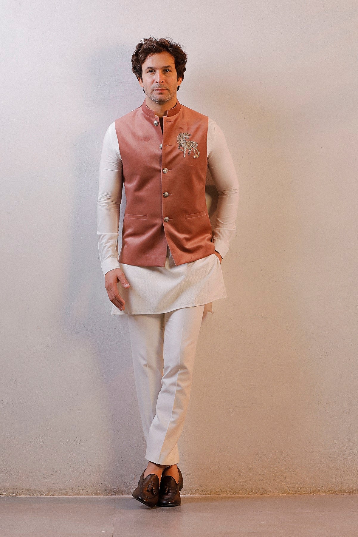 PEACH VELVET JACKET IVORY KURTA SET